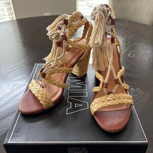 MIA Renita Lace Up Sandal Tan Rafia Ankle Wrap Rope Tie Block Heel - SZ 8